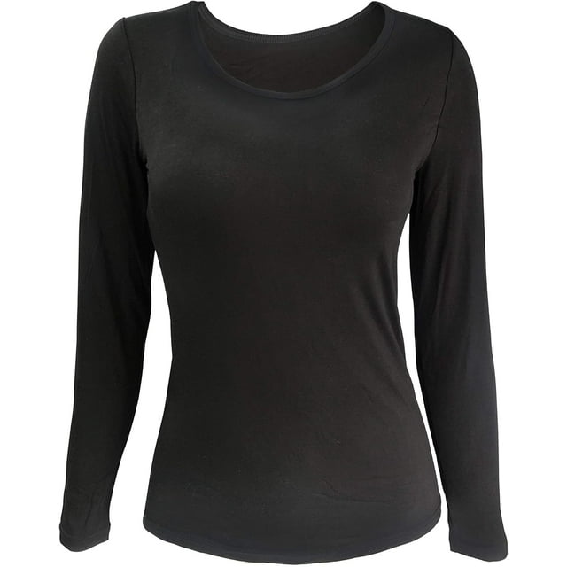 Women's Modal Padded Long Sleeve Basic T-Shirts Built-in-Bra Crew Neck Slim Fit Yoga Tops Plus Size Tees