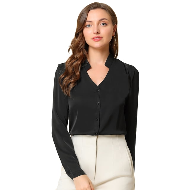 Camisa abotonada Allegra K cuello alto escote En V recortado carrera primavera Negro L