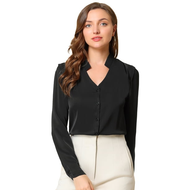 Camisa abotonada Allegra K cuello alto escote En V recortado carrera primavera Negro L