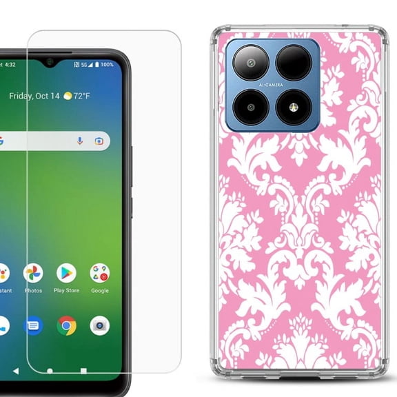 For Boost Mobile Summit 5G Shockproof Phone Case Cover with Tempered Glass Screen Protector, by OneToughShield - Victorian White/Pink