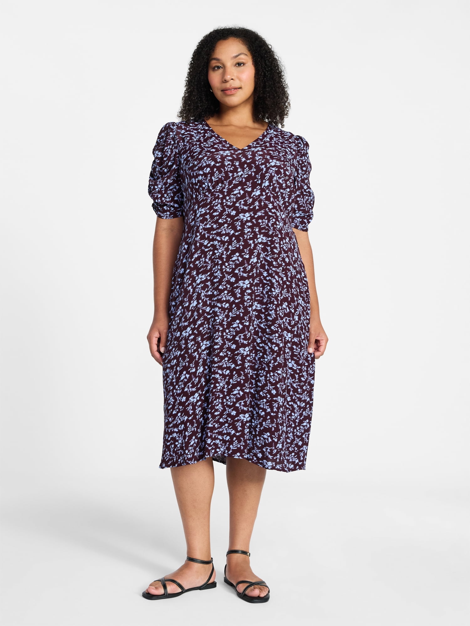 Time and Tru Women's Midi Dress with Ruched Sleeves, Sizes XS-XXXL