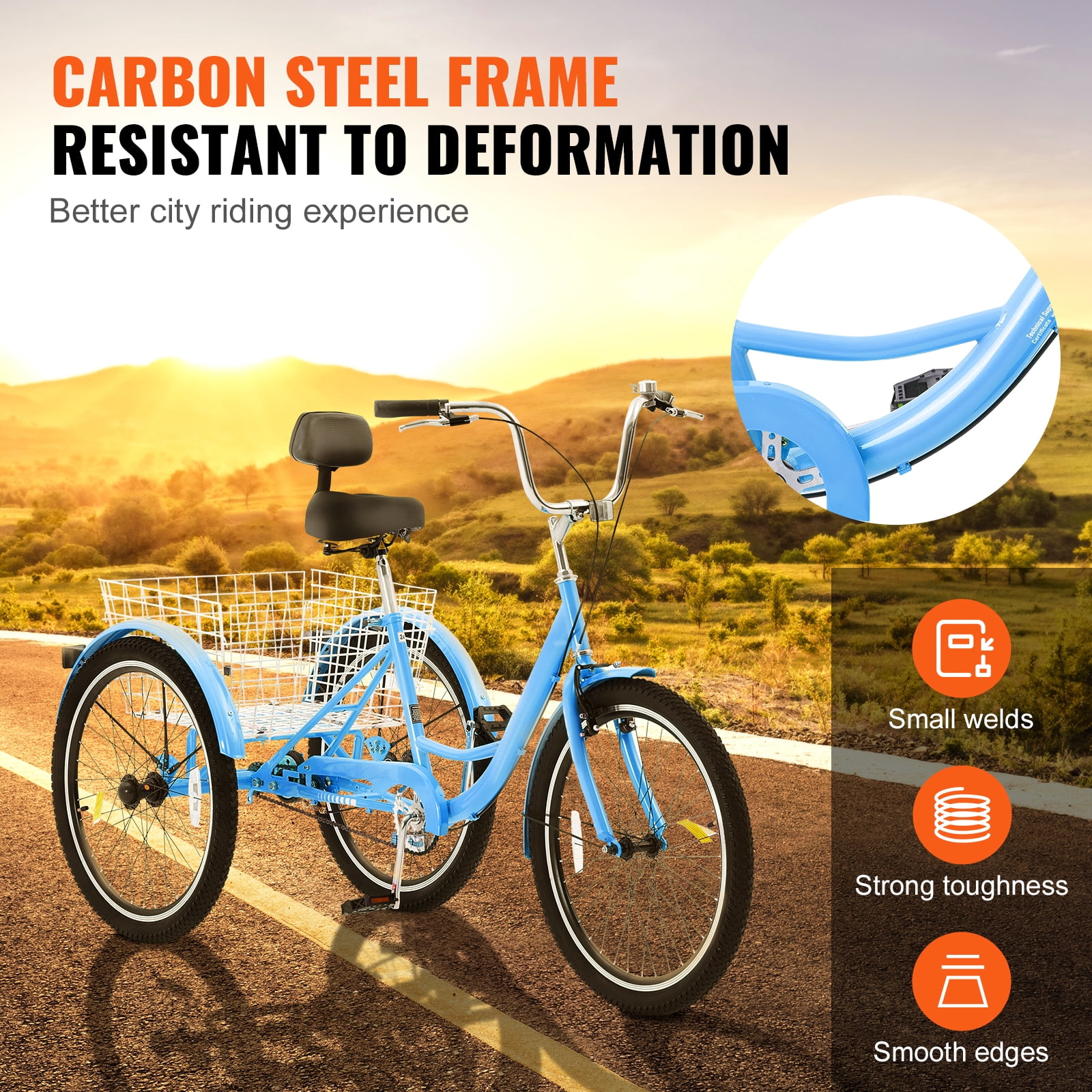 KFFKFF Adult Three-Wheel Bicycle 1 Speed 20/24/26 Inch Tricycles, Trike with Carbon Steel Frame, Includes Basket & Adjustable Seat, Ideal for Picnic & Shopping, Suitable for Seniors, Women, Men