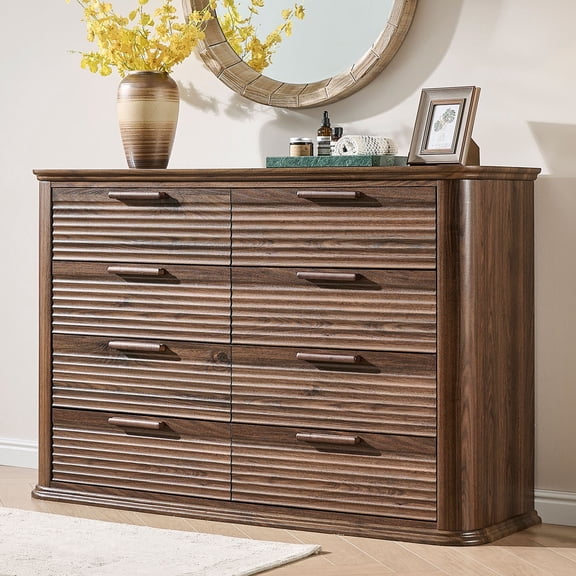 CQSXDA Modern 8 Drawer Dresser with Fluted Design 52 Inch Wide Wooden Chest for Bedroom and Living Room Storage, Walnut
