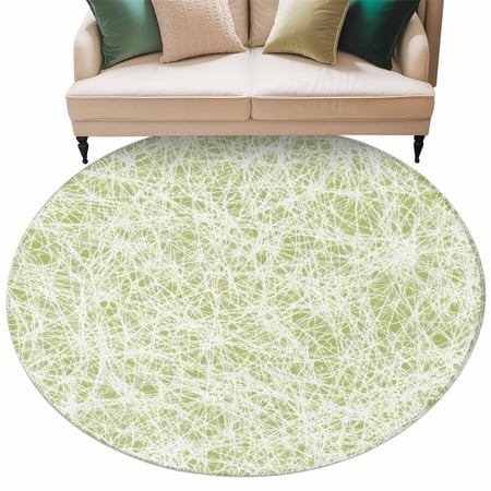 Spring Lime Green Cobweb Round Rug 5ft Washable Circle Kitchen Rugs Non Slip Abstract Minimalist Lines Large Area Rug Indoor Floor Carpet for Bedroom Living Room Home Office Dining Room Nursery