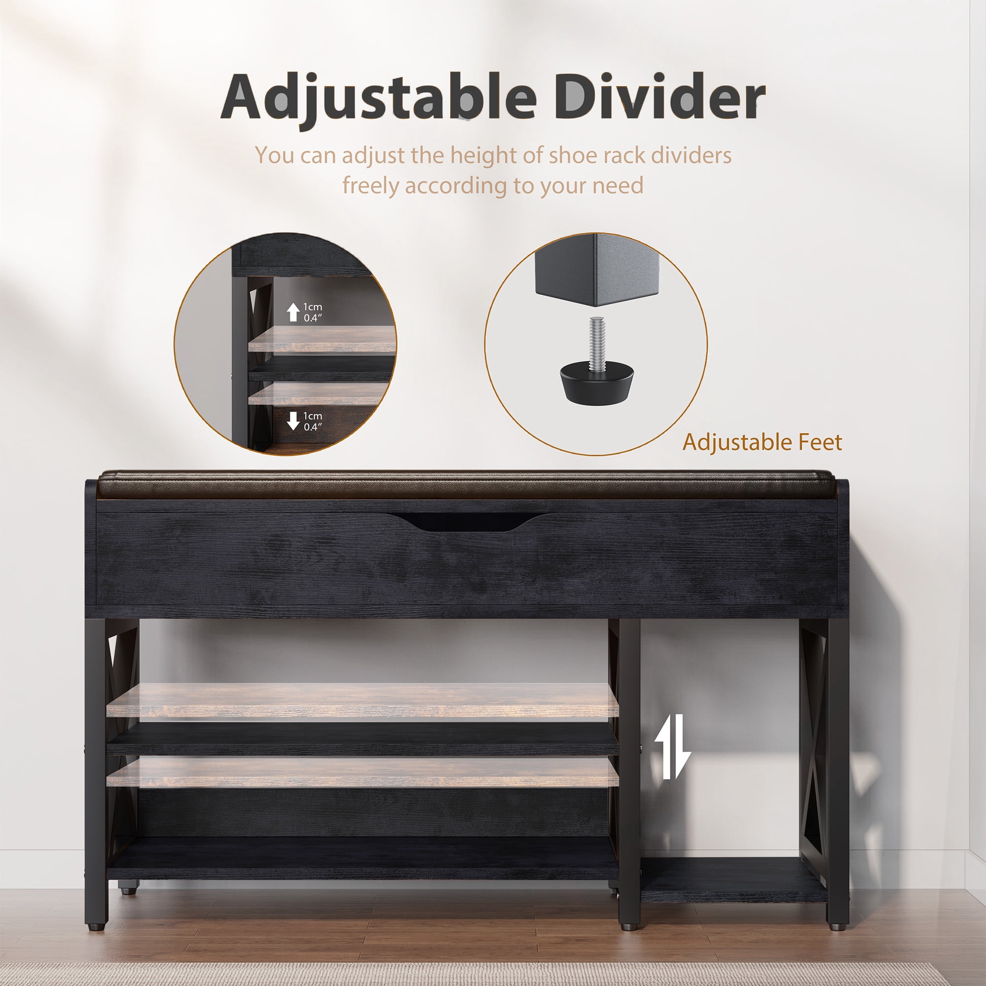 Shoe Bench, Lift Top Shoe Storage Bench, Adjustable Shelf Entryway Bench, Metal and Wood Shoe Rack Organizer with Cushion for Entry, Bedroom, Closet, Living Room, Hallway (Black, 39.5“W)
