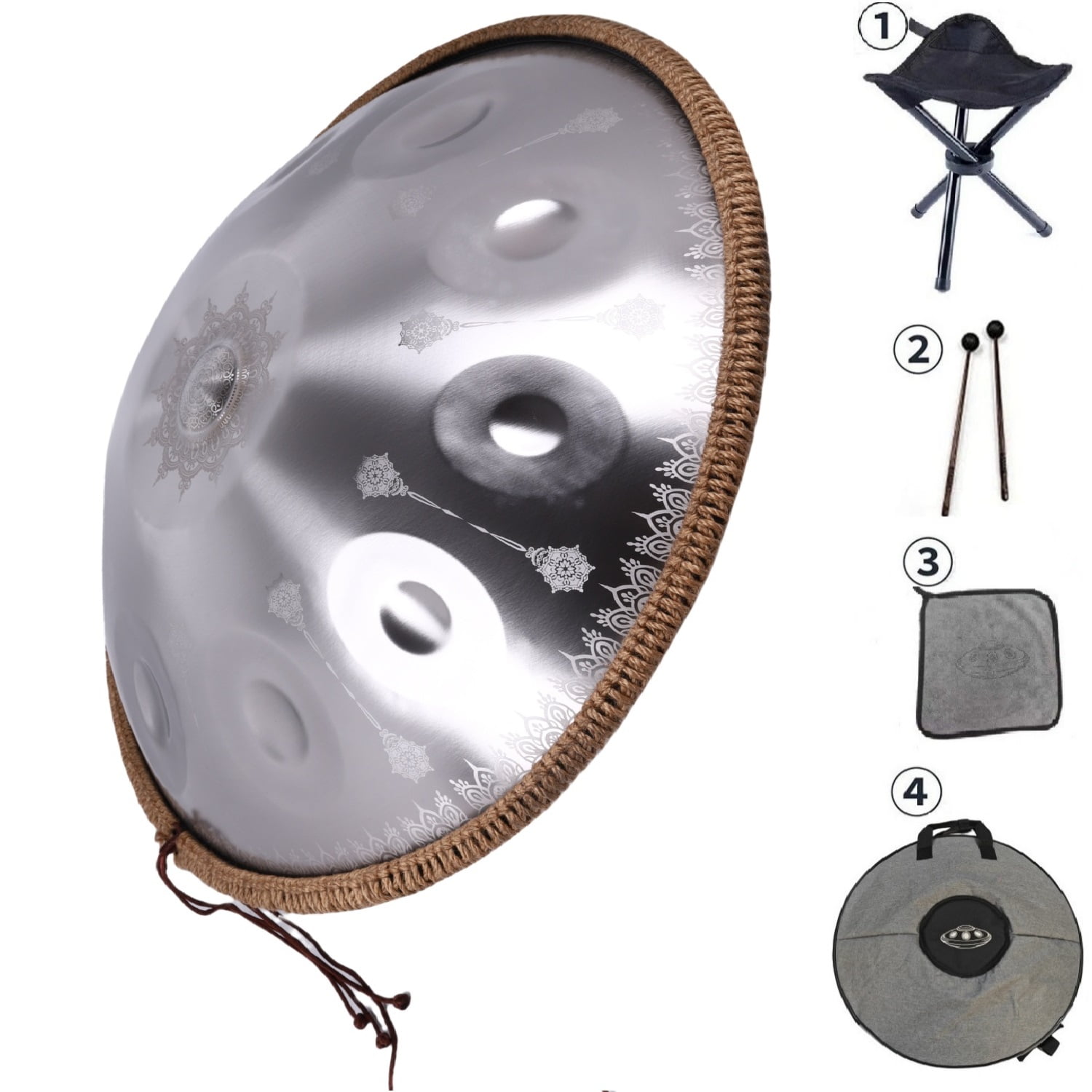 440HZ Tambourine Steel Drum in D Minor 22Inch Silver 10 Notes Mandala Handpan Percussion Drum with Soft HandPan Bag