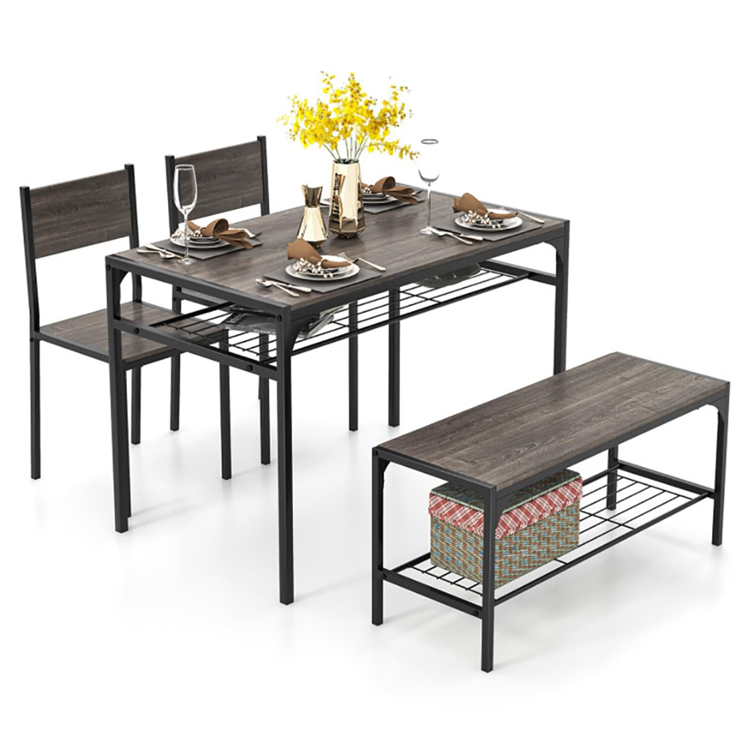 Demi Bonn 4-Piece Dining Table Set with Bench and 2 Chairs, 43"dustrial Kitchen Table with Metal Frame and Storage Rack, Perfect for Small Space, Gray