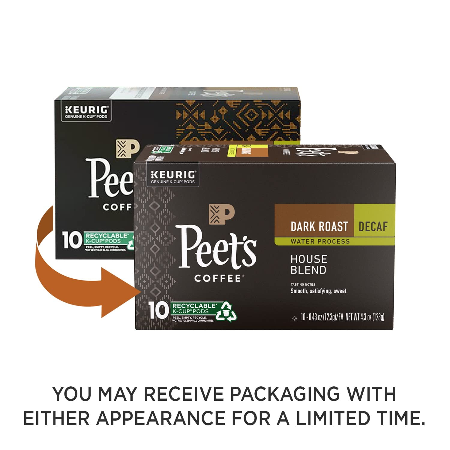 Pack of 2 - Peets Coffee, Dark Roast Decaffeinated Coffee K-Cup Pods For Keurig Brewers - Decaf House Blend 10 Count (1 Box Of 10 K-Cup Pods) Packaging May Vary