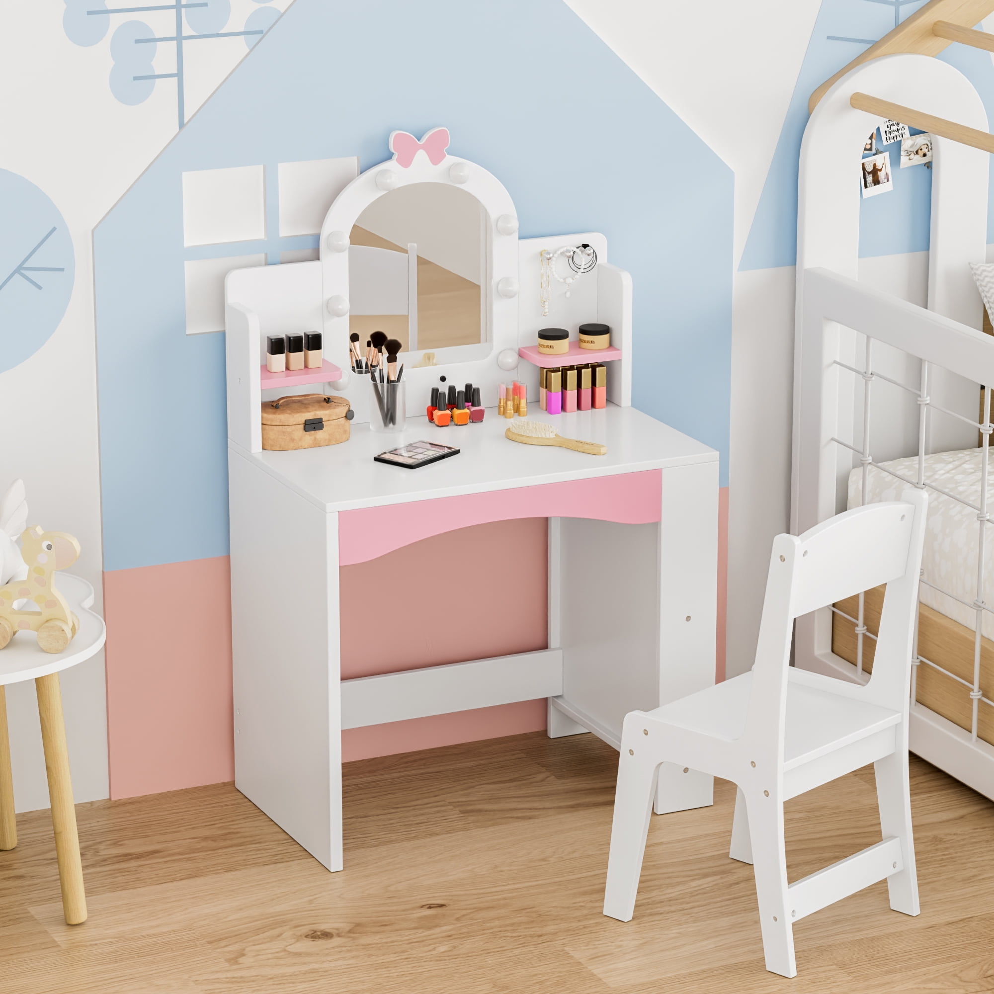 Reasea 1 Piece Kids LED Lights Vanity Desk Table Set White