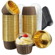 Muffin Cups with Lids 100Pack, 3.5Oz Foil Cupcake Liners,Mini Muffin Liners Cupcake Baking Cups,Disposable Muffin Tins Cupcake Wrappers,with Spoons-Brown in gold