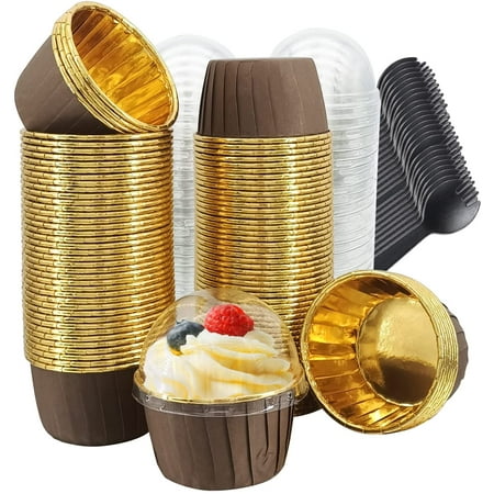 Muffin Cups with Lids 100Pack, 3.5Oz Foil Cupcake Liners,Mini Muffin Liners Cupcake Baking Cups,Disposable Muffin Tins Cupcake Wrappers,with Spoons-Brown in gold
