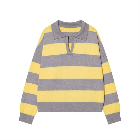Womens Pullover Neck Striped Long Sleeved Knit Ribbed Tops for Women,Yellow,L