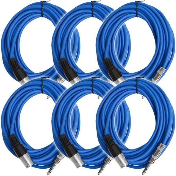 Seismic Audio - 6 Pk of Blue 25 Ft XLR Male to 1/4" TRS Patch Cable Snake Cords Blue - SATRXL-M25Blue-6Pack