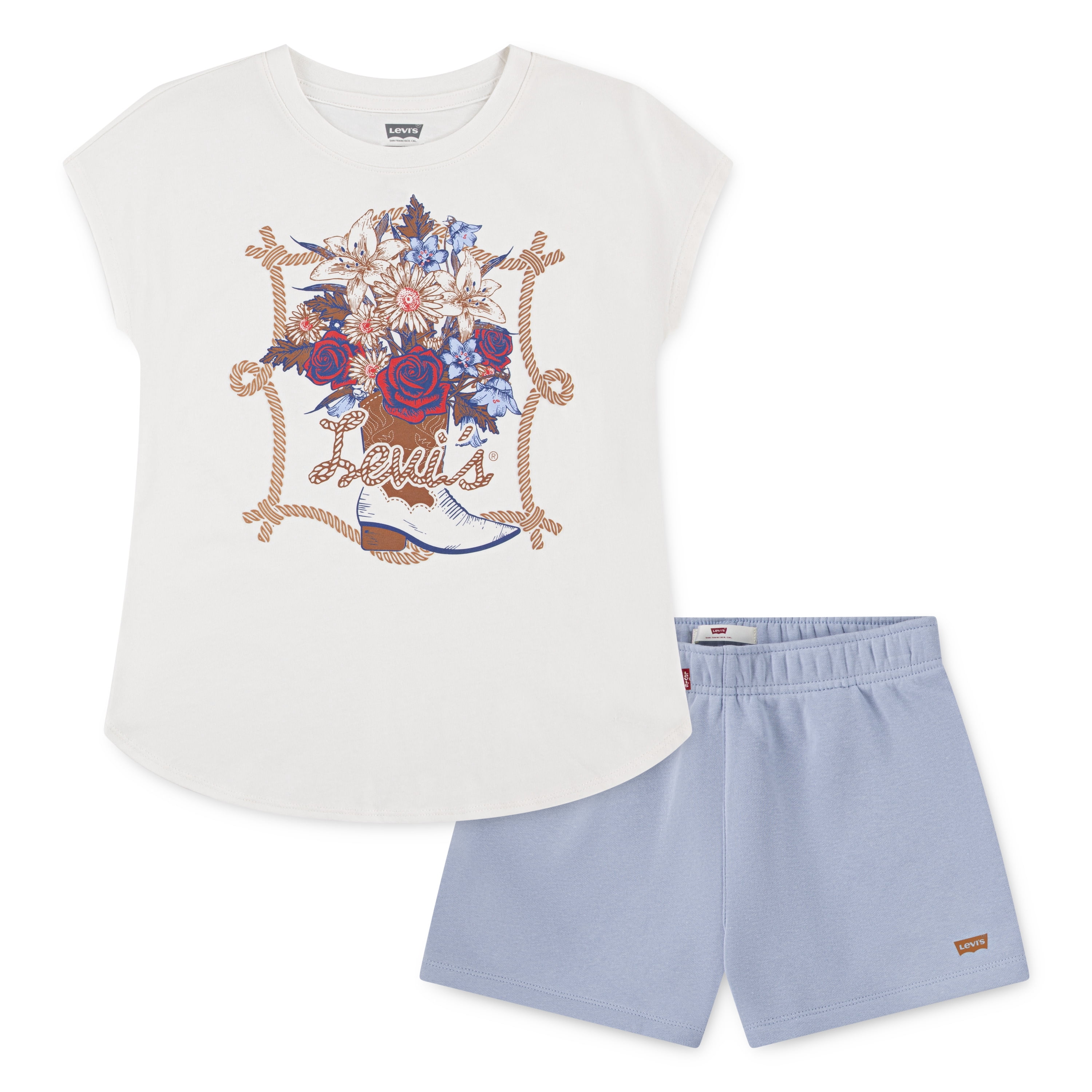 Levi Girls Short Sleeve Tee and Heathered Short Set, Size 7-16