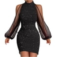 thumbnail image 1 of FAIWAD Robe en Maille à Sequins à Manches Longues pour Femmes, Col Rond, Manches Lanterne, Ajustée et Extensible, Mini Robe de Cocktail, 1 of 6