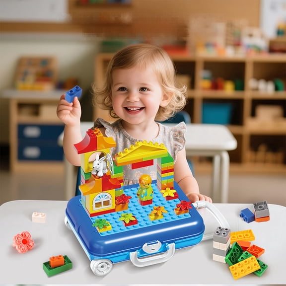 Ekuzi Large Building Blocks Suitcase for Kids Age 3-5 Girls&Boys, Big Bricks with House Animal Figures,Portable