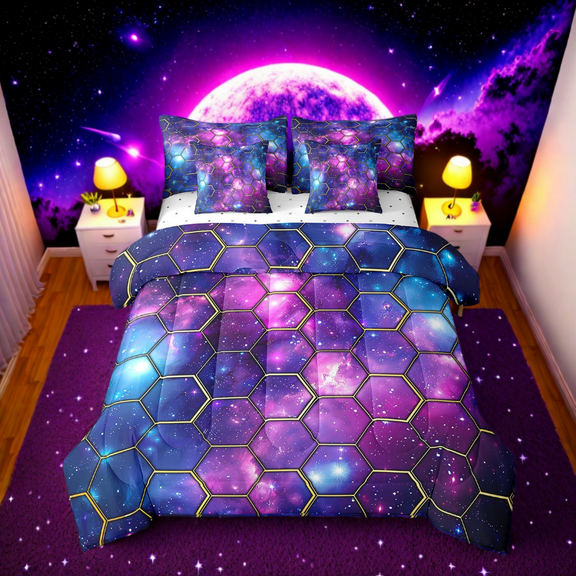Erosebridal Gradient Psychedelic Nebula Bedding Sets Twin Size,Hexagon Honeycomb Comforter Sets with Sheets,Room Decorative,Reversible,7pcs