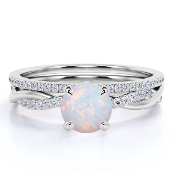 JeenMata 1.75 ct Real Round Opal and Moissanite Bridal Ring Set in 18K White Gold over Silver