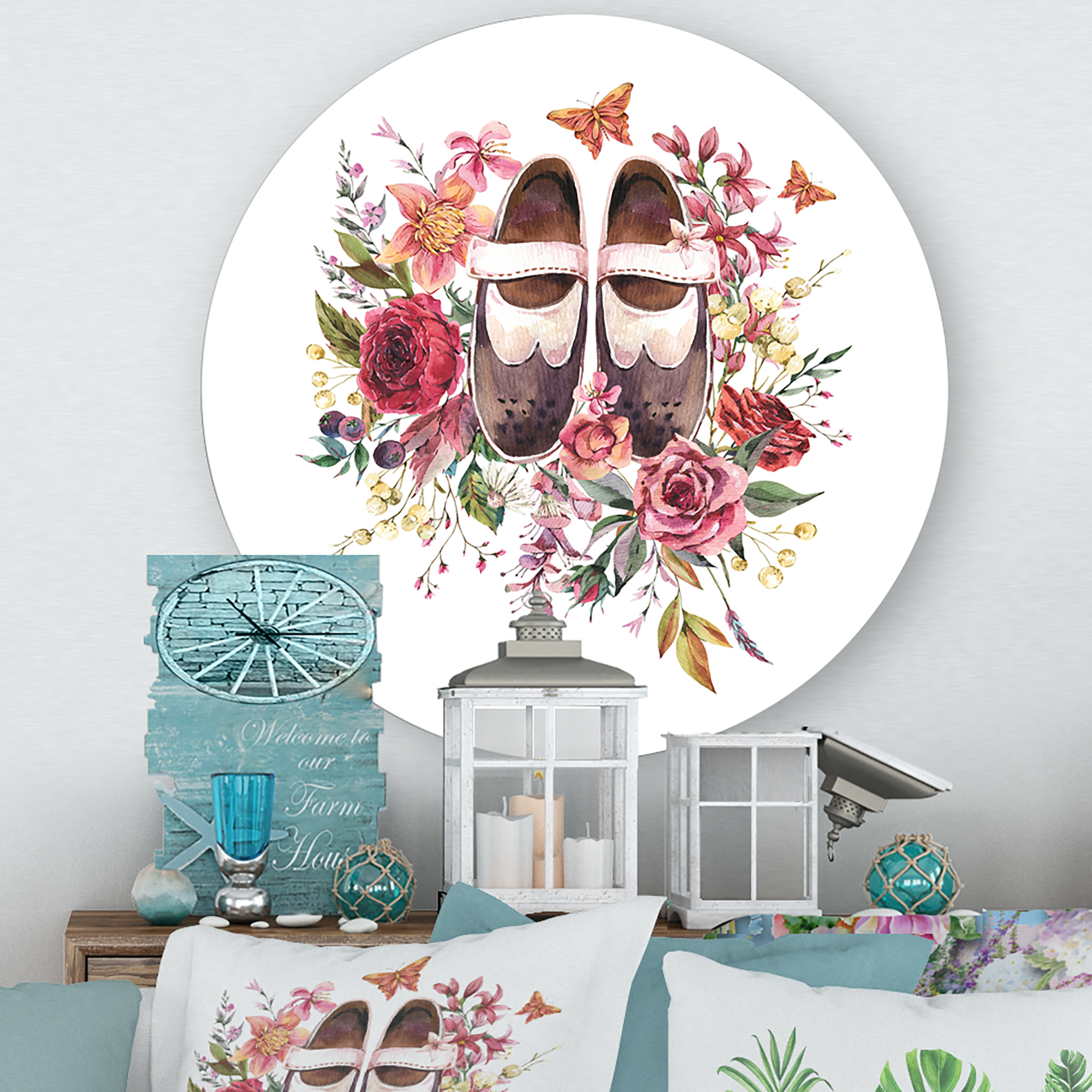 Designart 'Wildflowers With Ancient Oxford Shoes' Farmhouse Circle Metal Wall Art 11x11 - Disc of 11