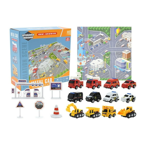 Goowood Kids Play Mat Car Rug with 12 Alloy Cars and Scene Decorations Road Rug Set Fire and Engineering Truck Toys for Toddlers 3-8
