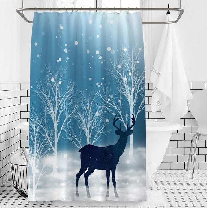 Deer Shadow Printed On Blue Shower Curtain Sets, Bathroom Decor with ...