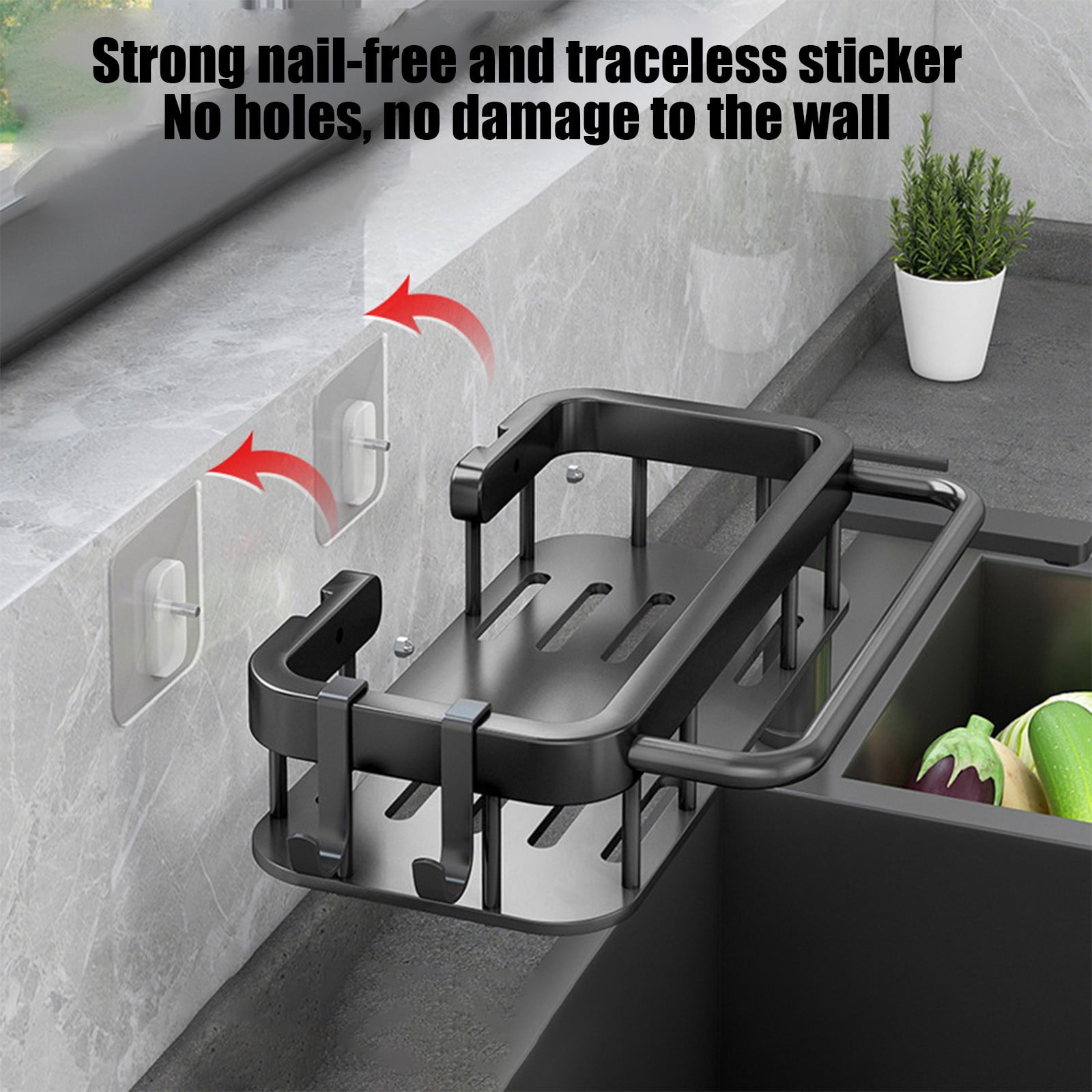 Donemore Stainless Steel Wall Mounted Kitchen Storage Rack with Spice Organizer and Drain Basket, No Drilling Required Space-Saving Tool for Sink Countertop (30x13.5x6cm)