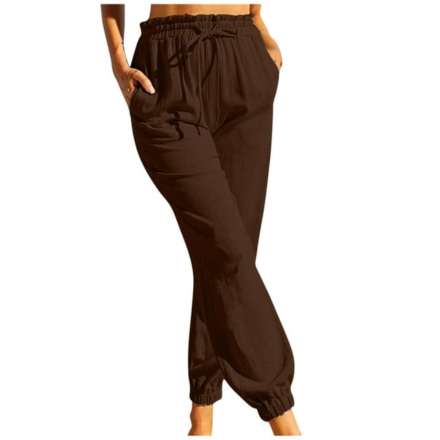 FNFYFH Clearance Ladies Plus Size High Waist Linen Pants Loose Fit Solid Color