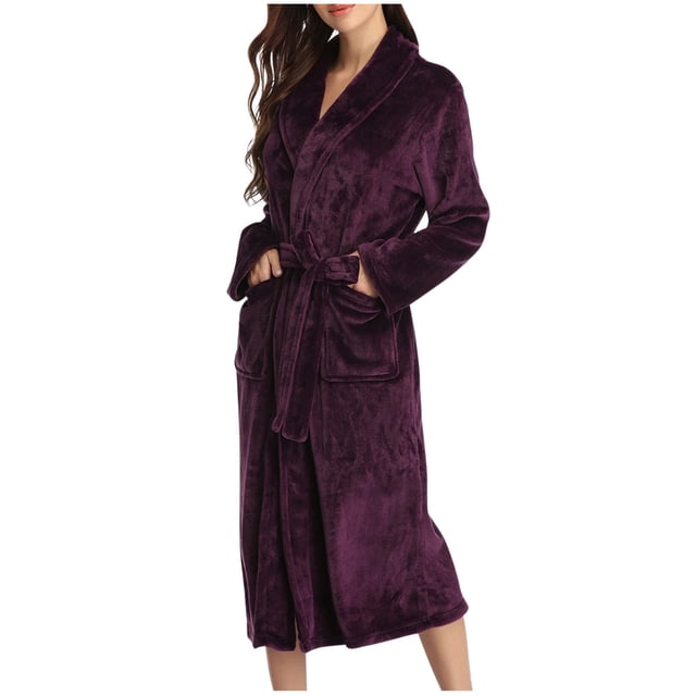 Penkiiy Women Cute Warm Flannel Plush Bathrobes Star Pattern Hooded Button up Long Robe S Purple
