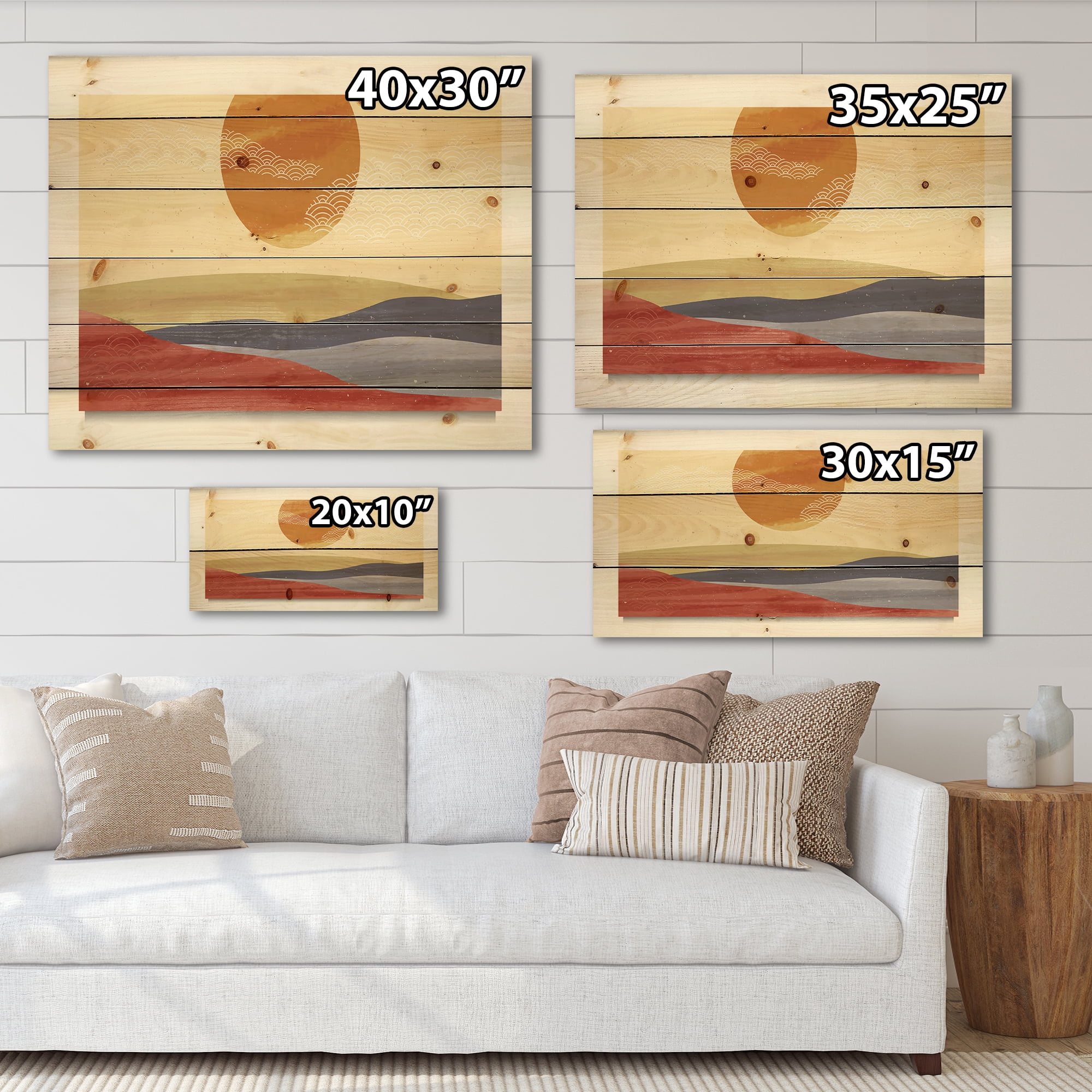 Designart 'Abstract Minimalistis Landscape Mountain & Moon' Modern Print on Natural Pine Wood