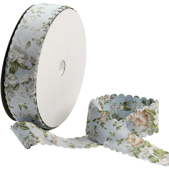 20 Yards Blue Floral Print Ribbon Flower Pattern Ribbon Vintage Spring Polyester Wavy Edge Ribbons Bulk with Spool for Sewing Making Wreath Wedding Crafts Bouquet Birthday Decor Supply