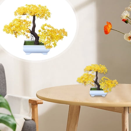 YAZHPA Mini Artificial Bonsai Tree Plants with Plastic Cement Pots for Home Office Décor (Yellow)