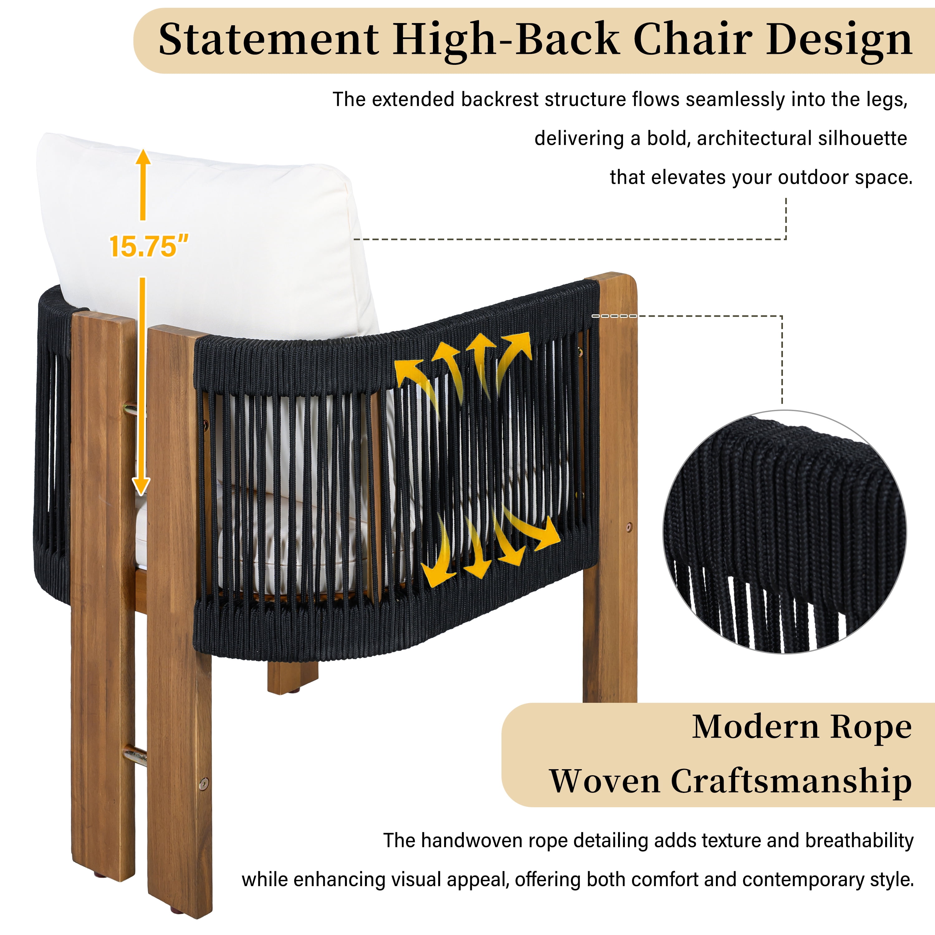 Mintazer 63" 5-Piece Outdoor Dining Set with Rope Woven High Back Chairs & Cushions, Farmhouse Dining Furniture Set for Garden Backyard Poolside, Brown & Black