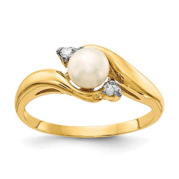 Auriga Fine Jewelry 14K Yellow Gold 5-6mm White Button FWC Pearl .04tw Diamond Ring for Women Size- 7