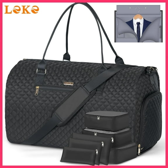 Lekesky - Wrinkle-Free Garment Bag Carry On for Women - 2-in-1 Convertible Weekender Duffle Bag with 6-Piece Packing Cubes, Shoe Compartment & Luggage Strap (Black)