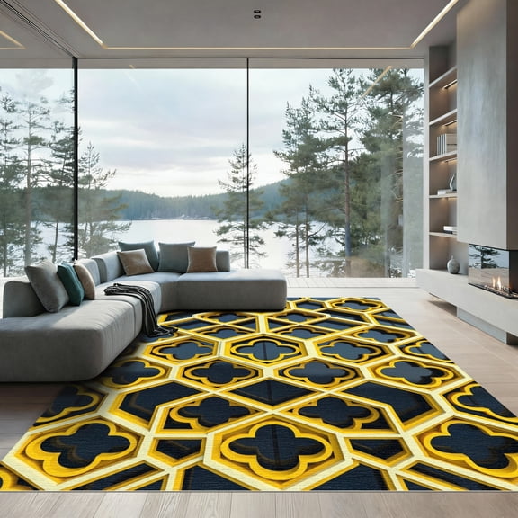 ODIKA 4' x 6' Machine Washable Non-Slip Area Rug, geometric geometric High Traffic Rug, Gold, 1162511