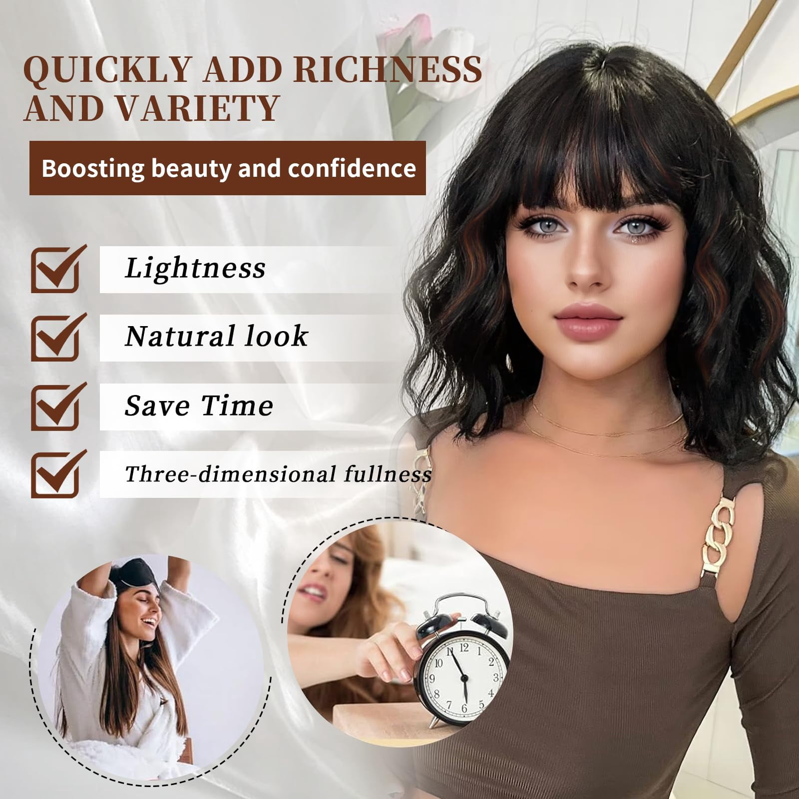 Wig with Bangs Short Bob Wigs for Women Shoulder Length Wavy Curly Wigs Synthetic Fiber Wigs 14 Inches for Daily Party Use