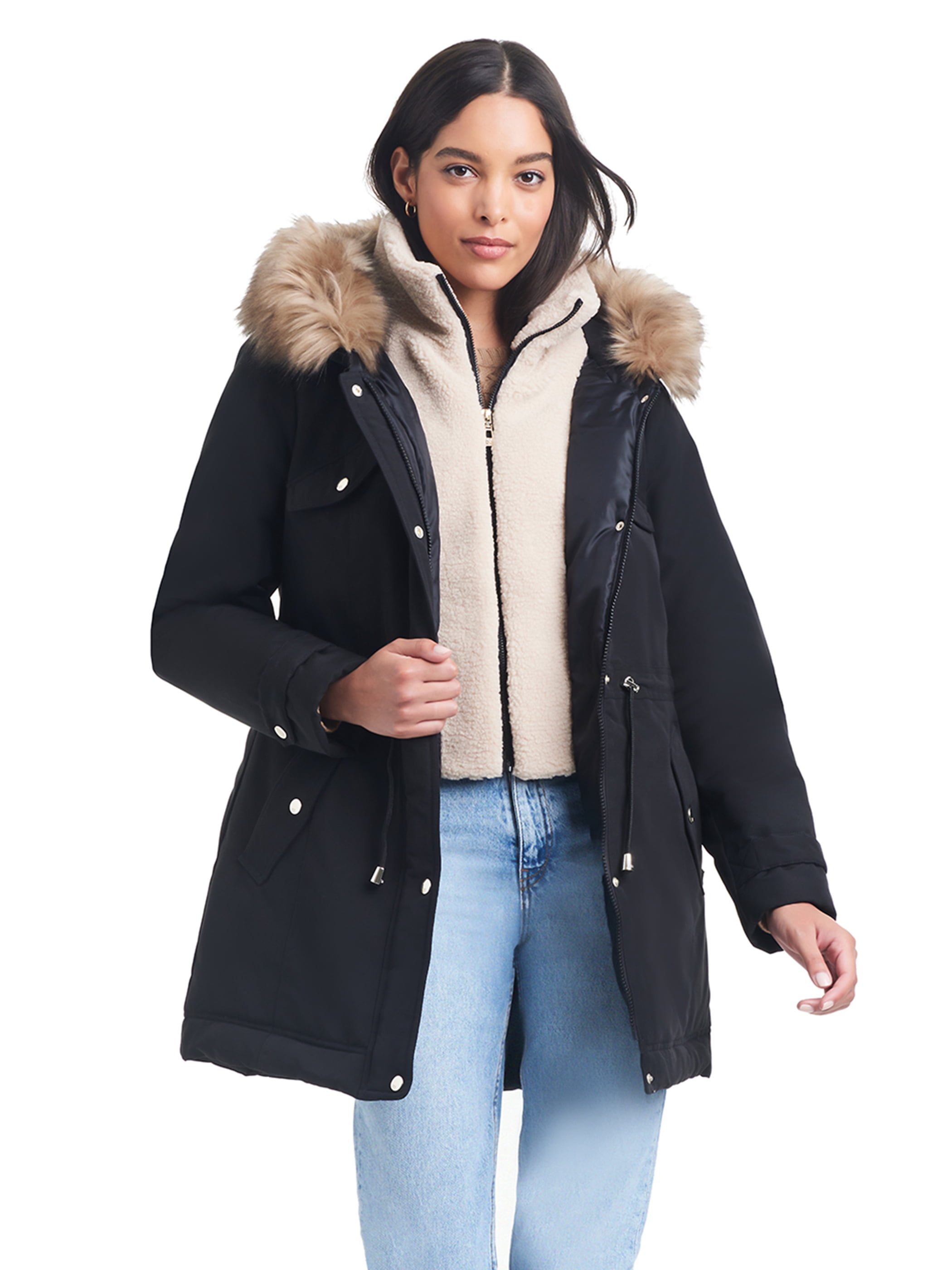 Sam & Libby Ladies Long Sleeve Mid-Length Parka with Sherpa Bib