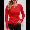 thumbnail image 3 of Camisetas Básicas Ajustadas Informales de Cuello Redondo y Larga Acanaladas para Mujer Rojo M, 3 of 6