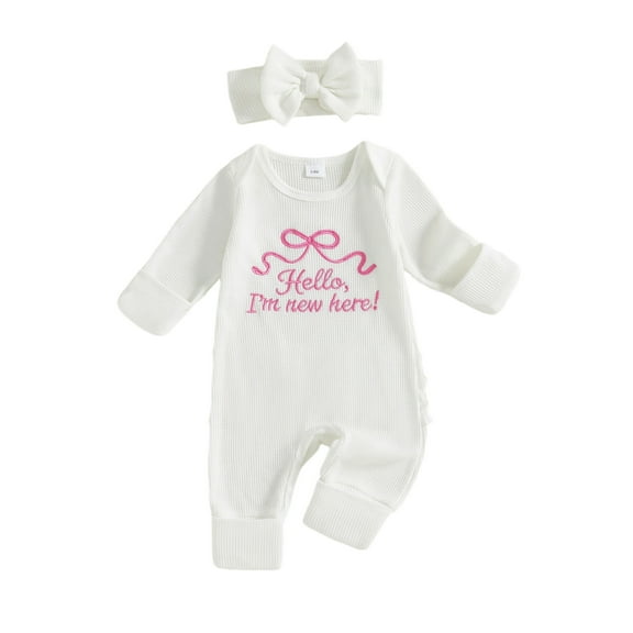 Gzhioc Newborn Baby Girl Fall Romper Bow Letter Embroidered Waffle Knit Long Sleeve Jumpsuit with Matching Headband 2 Piece Set