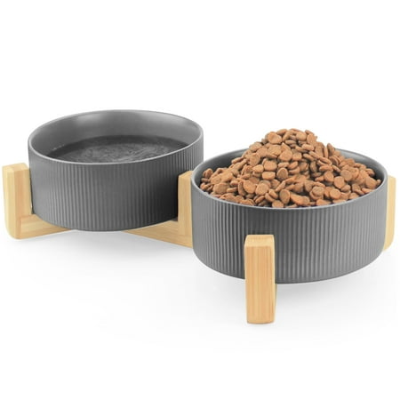 Ceramic Pet Bowls for Dog and Cat No Spill Dog Food and Water Bowl Set with Anti-Slip Wooden Stand Riased Puppy Feeding Dishes Suitable for Small Medium and Large Cats Dogs Green 28 OZ