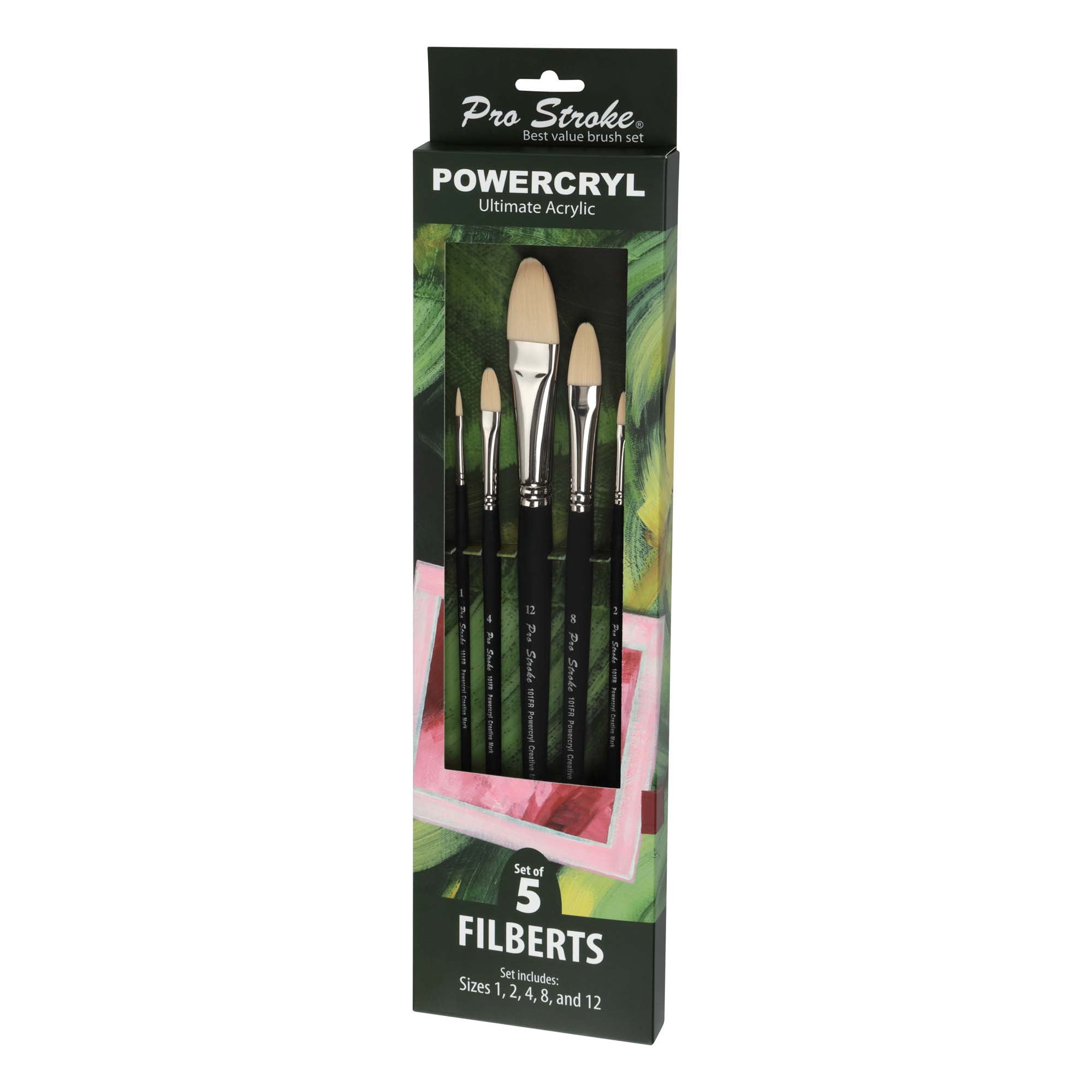 Creative Mark Pro-Stroke Powercryl Acrylic Paint Brushes - Filberts Value Set of 5, Synthetic Paint Brushes for Artists, Seamless Nickel-Plated Ferrules, Matte Black Wooden Handle, Soft-Touch Grip
