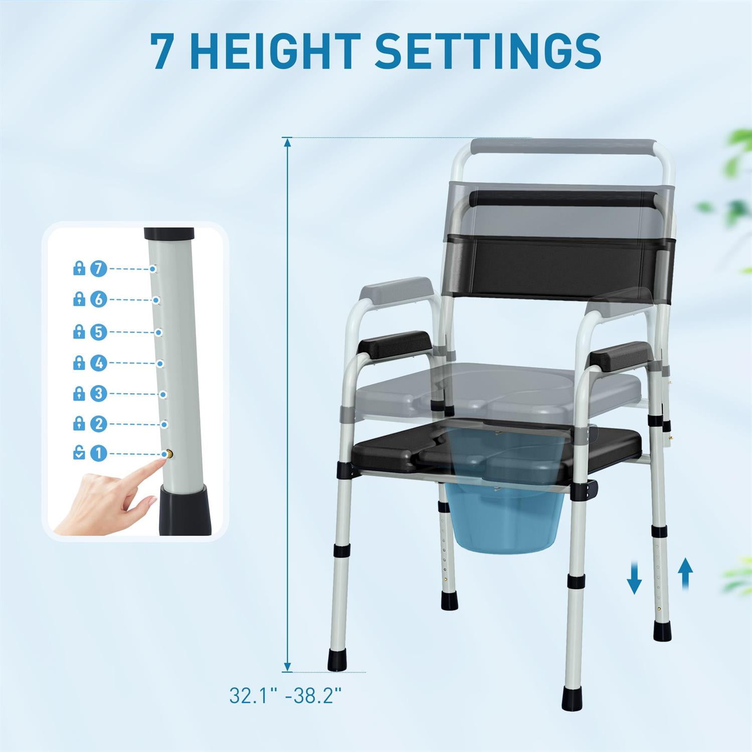 Demi Bonn 38" Adjustable Height Bedside Commode Chair with Arms for Seniors & Disabled Persons, Raised Toilet Seat, 331 lbs Capacity, Black