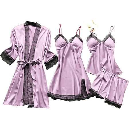 

KOGYAS Silk Pajiamas for Women 4pcs Pajamas Sets Cami Top Shorts Nightgown Sleepwear Robe Sets Sexy Cute Matching Lounge Pjs