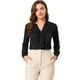 thumbnail image 1 of Allegra K Camisa de manga larga con cuello en V y volante con botones para mujer, tops casuales de cambray Negro XL, 1 of 6