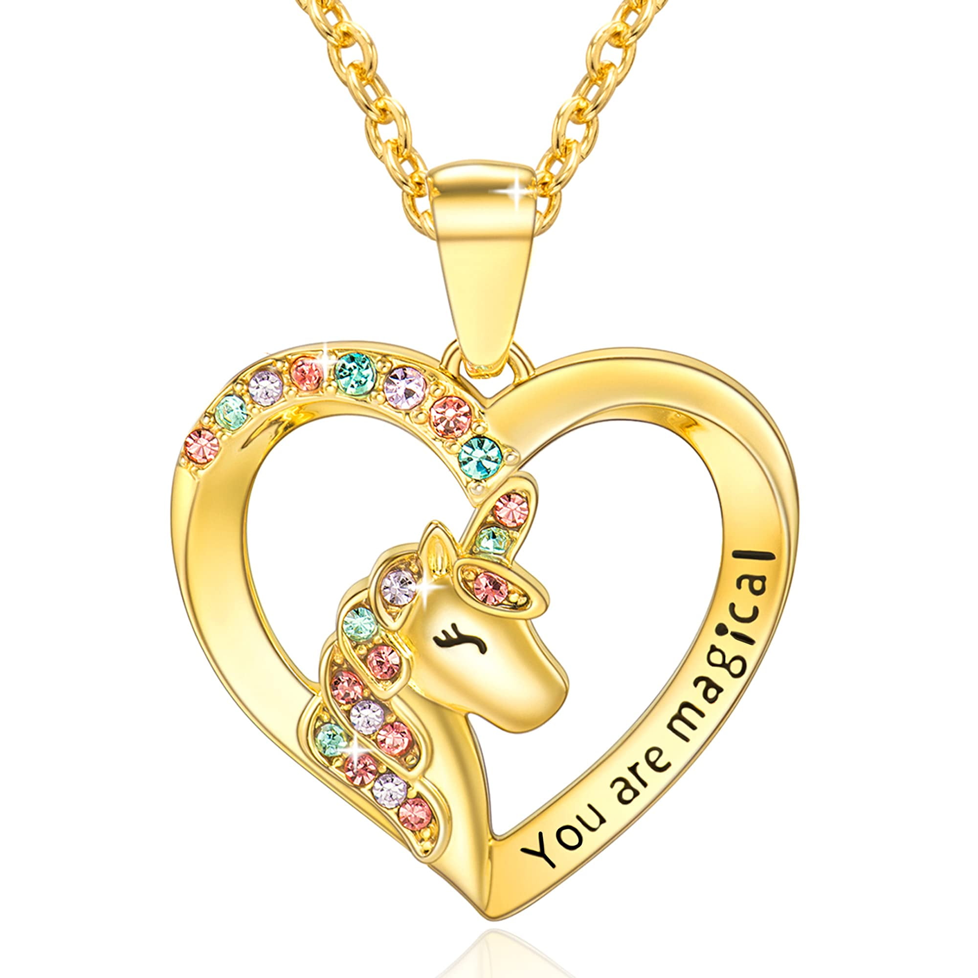 TINGN Unicorn Necklace for Girls 14K Gold/White Gold Plated Colorful CZ