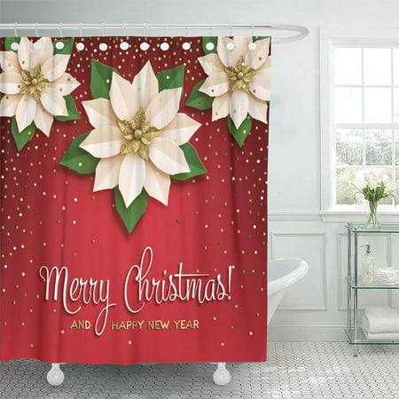 Christmas Bath Confetti KSADK Bethlehem Christmas Star with Poinsettia White with Gold Flower with Inscription on Red with Confetti Bow Shower Curtain Bathroom Curtain 60x72 inch ()