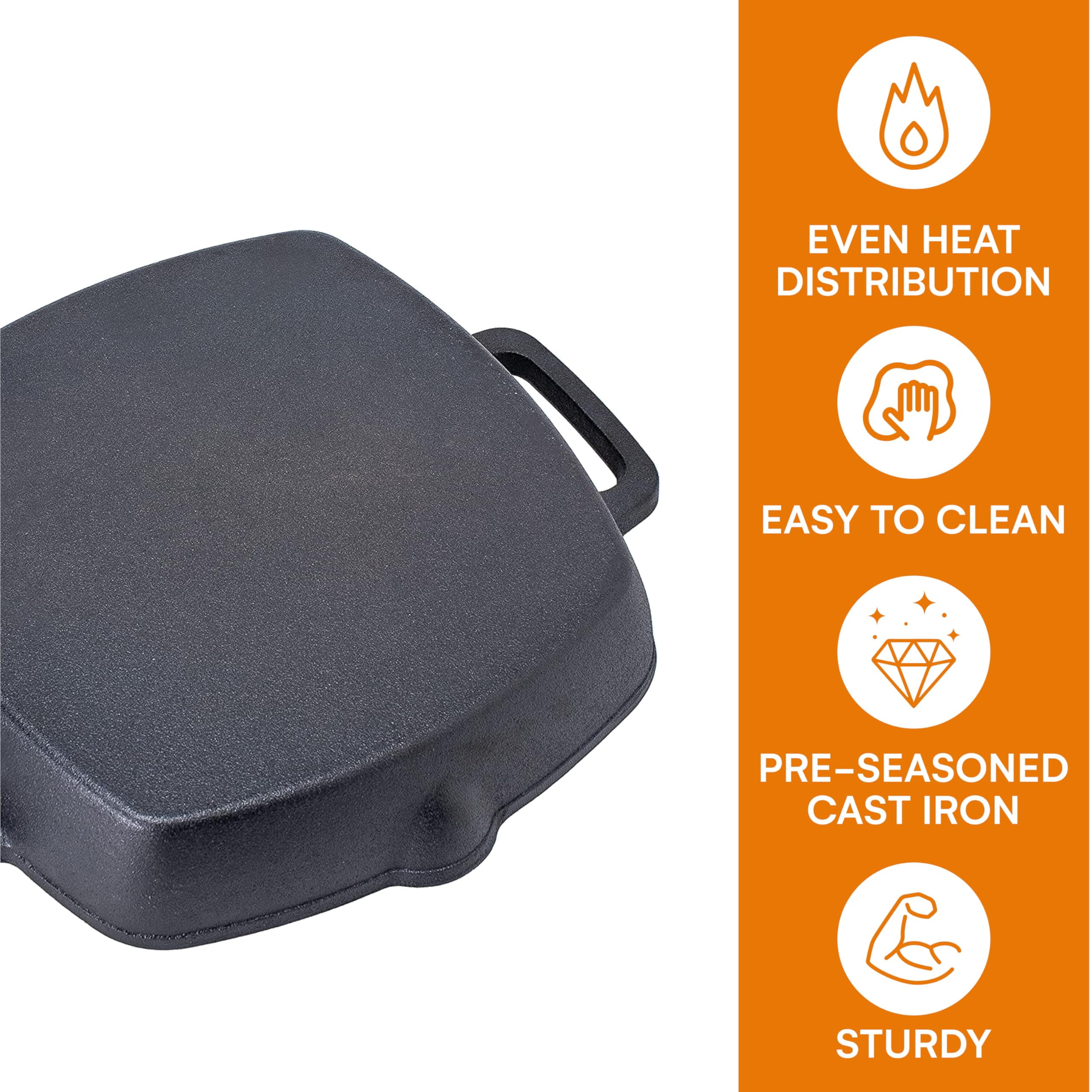 Bruntmor 10 Inch Square Cast Iron Grill Pan Steak Pan Pre Seasoned Grill Pan with Easy Grease Drain Spout, with Large Loop Handles for Grilling Bacon, Steak, and Meats