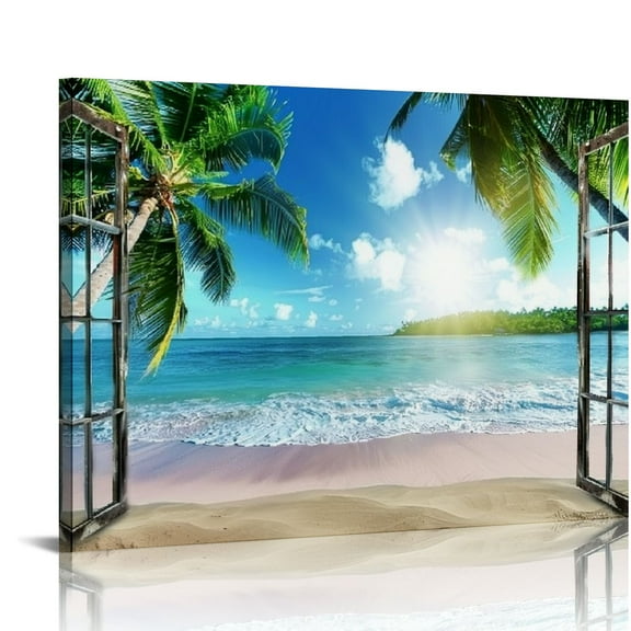 Orinice Window Beach Wall Art Sunset Ocean Landscape Wall Decor Palm Tree Picture Tropical Coastal Scenery Canvas Photo Prints Nature Seascape Painting Artwork for Living   20x16in