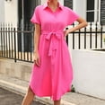thumbnail image 3 of UTSJKR Women's Midi Shirt Dress Short Sleeve Sundress 2024 Fashion Elegant Solid Button Up Collar Neck Smocked Tie Waist Pleated Loose Fit Flowy Dress Summer Basic Hot Pink M, 3 of 5