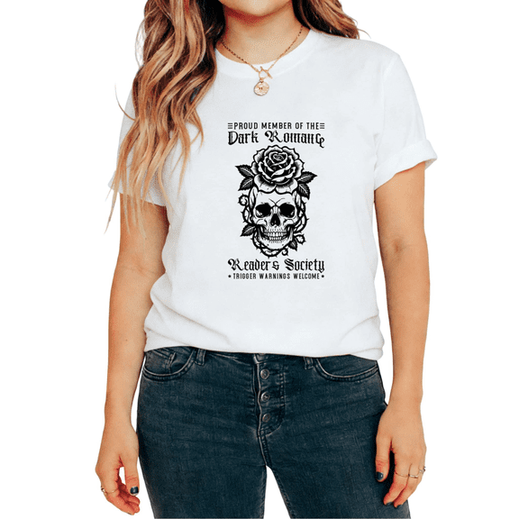 Dark Romance Readers Society Skull Rose Graphic Timeless Versatile Tees T-shirt Short Sleeve Round Neck White S-5XL